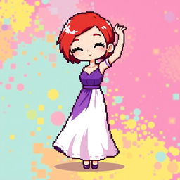 A chibi-style pixel art image of a Christian dancer with very short red hair styled like Leon Scott Kennedy, featuring a two-piece long dress where the top half is purple and the bottom half is white