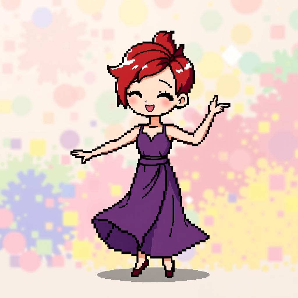 A chibi-style pixel art image of a Christian dancer with very short red hair styled like Leon Scott Kennedy, featuring a two-piece long dress where the top half is purple and the bottom half is white