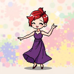 A chibi-style pixel art image of a Christian dancer with very short red hair styled like Leon Scott Kennedy, featuring a two-piece long dress where the top half is purple and the bottom half is white