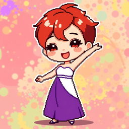 A chibi-style pixel art image of a Christian dancer with very short red hair styled like Leon Scott Kennedy, featuring a two-piece long dress where the top half is purple and the bottom half is white