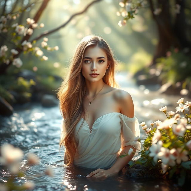 A beautiful ethereal scene depicting a stunning, confident young woman in a serene natural setting, surrounded by soft flowing water and gentle sunlight filtering through trees