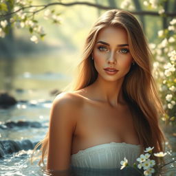 A beautiful ethereal scene depicting a stunning, confident young woman in a serene natural setting, surrounded by soft flowing water and gentle sunlight filtering through trees