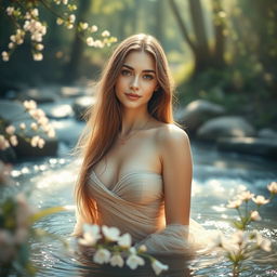 A beautiful ethereal scene depicting a stunning, confident young woman in a serene natural setting, surrounded by soft flowing water and gentle sunlight filtering through trees