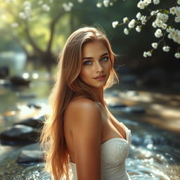 A beautiful ethereal scene depicting a stunning, confident young woman in a serene natural setting, surrounded by soft flowing water and gentle sunlight filtering through trees