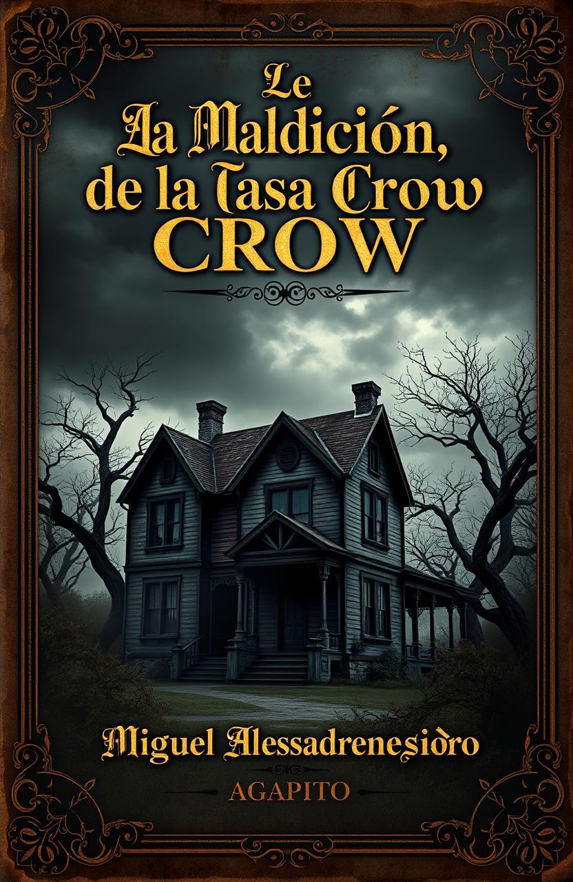 An old, mysterious book cover for 'La Maldición de la Casa Crow' by Miguel Alessandro Mendocilla Agapito