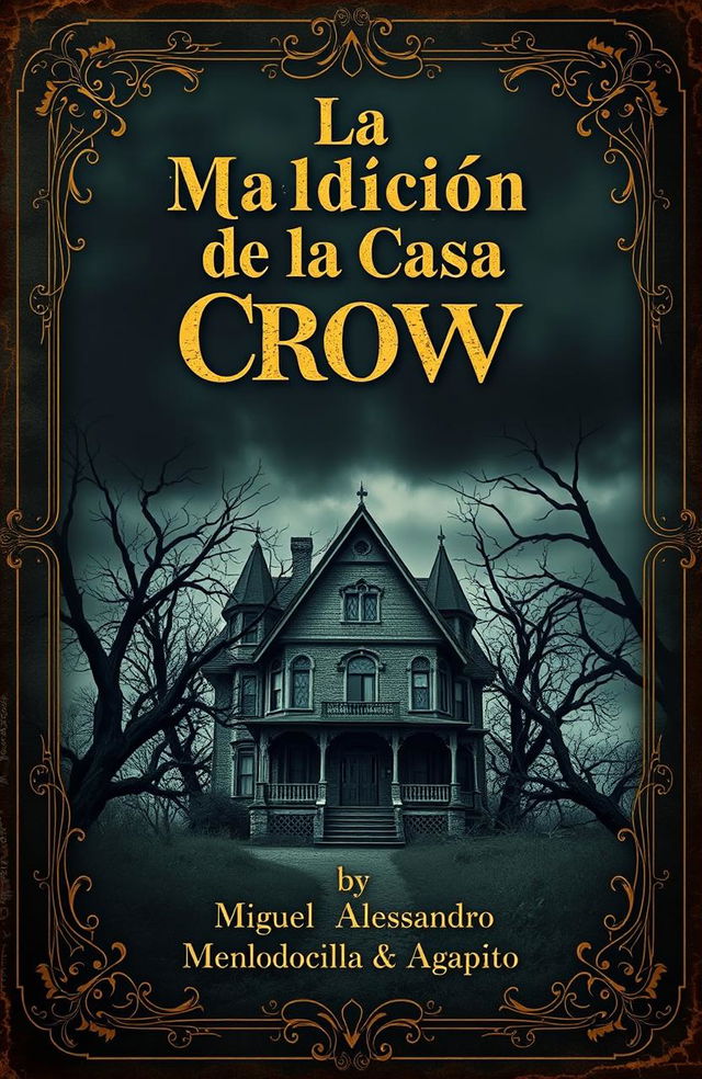 An old, mysterious book cover for 'La Maldición de la Casa Crow' by Miguel Alessandro Mendocilla Agapito