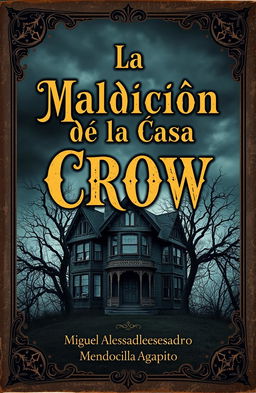 An old, mysterious book cover for 'La Maldición de la Casa Crow' by Miguel Alessandro Mendocilla Agapito