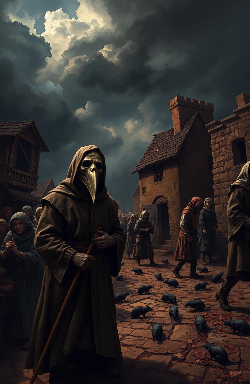 An artistic representation of the bubonic plague, depicting a medieval village in chaos as the disease spreads