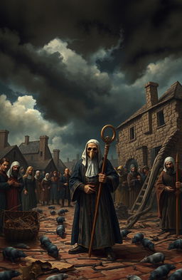 An artistic representation of the bubonic plague, depicting a medieval village in chaos as the disease spreads