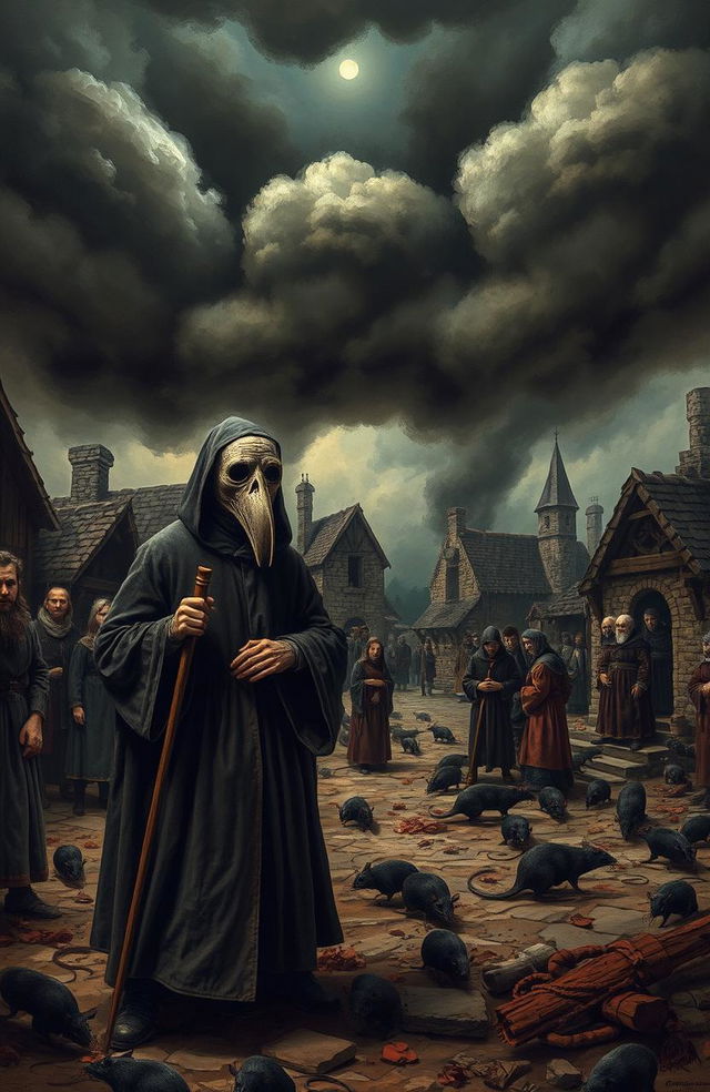 An artistic representation of the bubonic plague, depicting a medieval village in chaos as the disease spreads