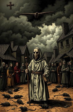 An artistic representation of the bubonic plague, depicting a medieval village in chaos as the disease spreads