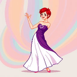 A pixel art image of a Christian dancer with very short red hair styled like Leon Scott Kennedy, showcasing a long dress that beautifully combines shades of purple and white