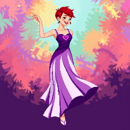 A pixel art image of a Christian dancer with very short red hair styled like Leon Scott Kennedy, showcasing a long dress that beautifully combines shades of purple and white