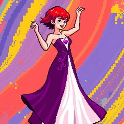 A pixel art image of a Christian dancer with very short red hair styled like Leon Scott Kennedy, showcasing a long dress that beautifully combines shades of purple and white