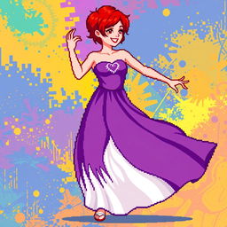 A pixel art image of a Christian dancer with very short red hair styled like Leon Scott Kennedy, showcasing a long dress that beautifully combines shades of purple and white