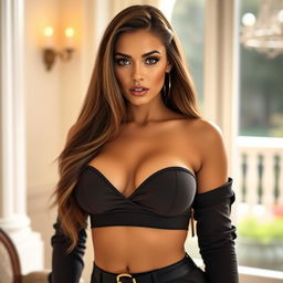 A beautiful woman with an alluring confident expression, wearing a stylish outfit that accentuates her curves