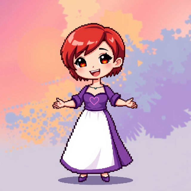 A chibi-style pixel art image of a Christian dancer with very short red hair styled like Leon Scott Kennedy, showcasing a long two-piece dress that combines shades of purple and white