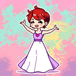 A chibi-style pixel art image of a Christian dancer with very short red hair styled like Leon Scott Kennedy, showcasing a long two-piece dress that combines shades of purple and white