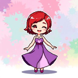 A chibi-style pixel art image of a Christian dancer with very short red hair styled like Leon Scott Kennedy, showcasing a long two-piece dress that combines shades of purple and white