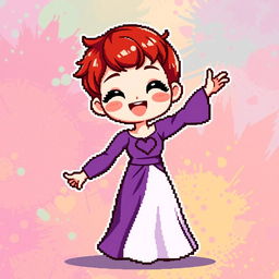 A chibi-style pixel art image of a Christian dancer with very short red hair styled like Leon Scott Kennedy, showcasing a long two-piece dress that combines shades of purple and white