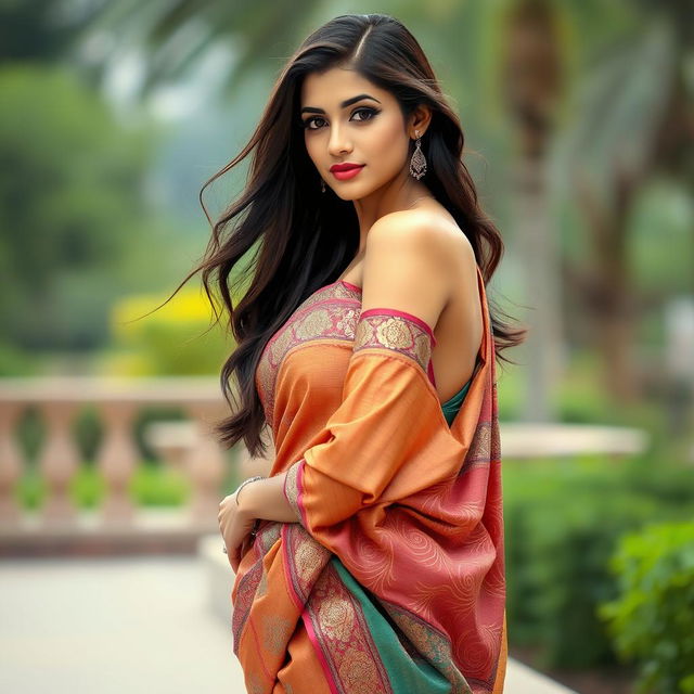 A stunning woman dressed in a beautifully draped saree that enhances her figure, highlighting her curves while maintaining a sense of elegance