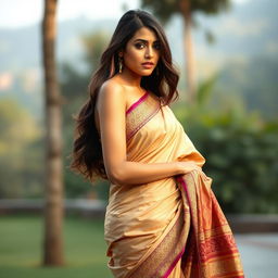 A stunning woman dressed in a beautifully draped saree that enhances her figure, highlighting her curves while maintaining a sense of elegance