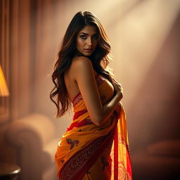A sensual and alluring scene featuring a woman elegantly draped in a colorful saree that accentuates her curves while embodying sophistication