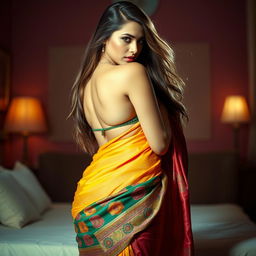 A sensual and alluring scene featuring a woman elegantly draped in a colorful saree that accentuates her curves while embodying sophistication