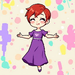 A chibi-style pixel art image of a Christian dancer with very short red hair styled like Leon Scott Kennedy, wearing a two-piece long dress with the upper part in purple and the lower part in white