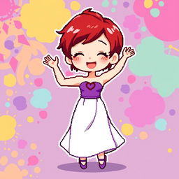 A chibi-style pixel art image of a Christian dancer with very short red hair styled like Leon Scott Kennedy, wearing a two-piece long dress with the upper part in purple and the lower part in white