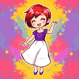 A chibi-style pixel art image of a Christian dancer with very short red hair styled like Leon Scott Kennedy, wearing a two-piece long dress with the upper part in purple and the lower part in white
