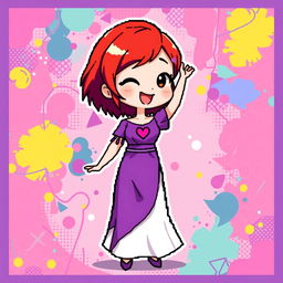 A chibi-style pixel art image of a Christian dancer with very short red hair styled like Leon Scott Kennedy, wearing a two-piece long dress with the upper part in purple and the lower part in white