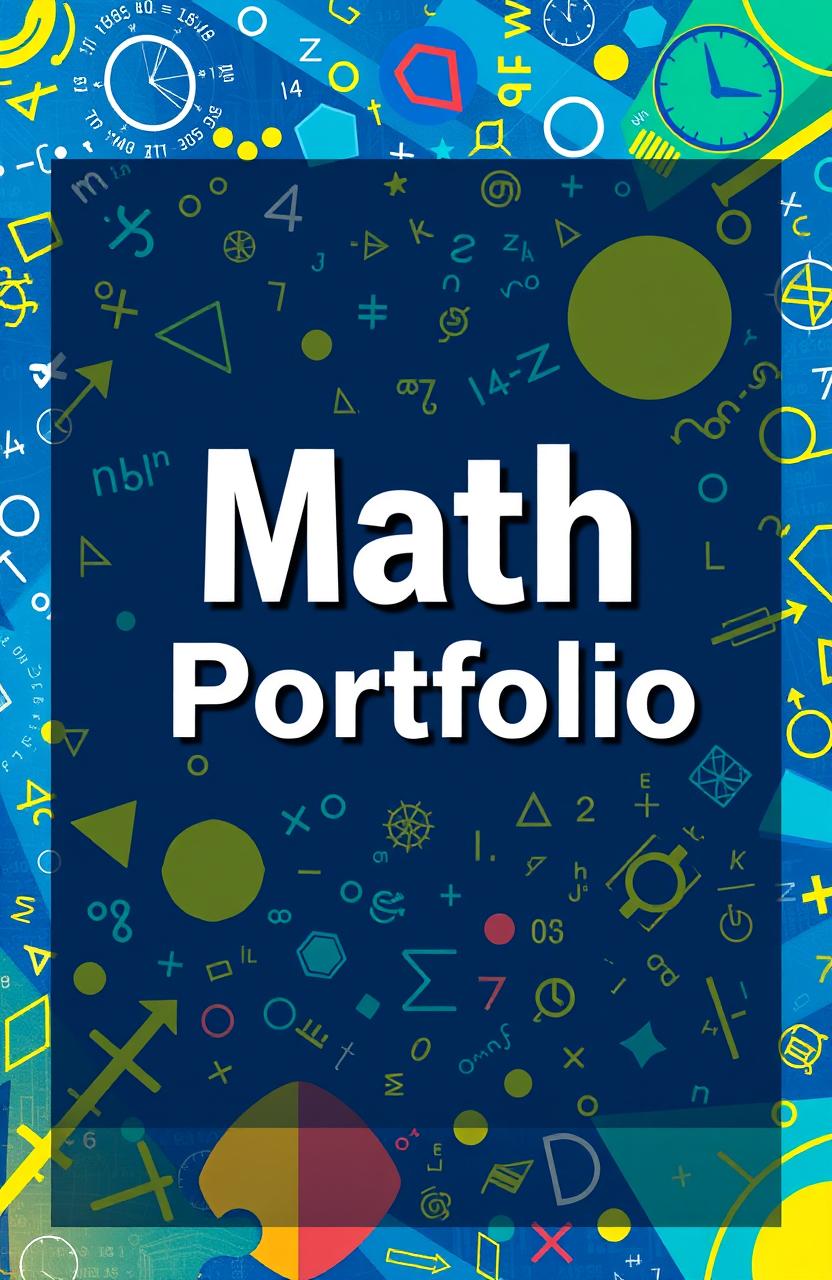 An artistic and visually engaging cover page for a math portfolio, featuring a vibrant and dynamic background filled with mathematical symbols, equations, and geometric shapes