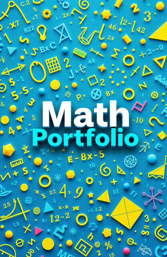 An artistic and visually engaging cover page for a math portfolio, featuring a vibrant and dynamic background filled with mathematical symbols, equations, and geometric shapes