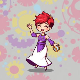 A chibi-style pixel art image of a Christian dancer with very short red hair styled like Leon Scott Kennedy, wearing a vibrant two-piece long dress in purple and white, with a delightful heart embroidery detail at the chest
