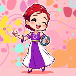 A chibi-style pixel art image of a Christian dancer with very short red hair styled like Leon Scott Kennedy, wearing a vibrant two-piece long dress in purple and white, with a delightful heart embroidery detail at the chest