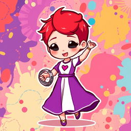 A chibi-style pixel art image of a Christian dancer with very short red hair styled like Leon Scott Kennedy, wearing a vibrant two-piece long dress in purple and white, with a delightful heart embroidery detail at the chest