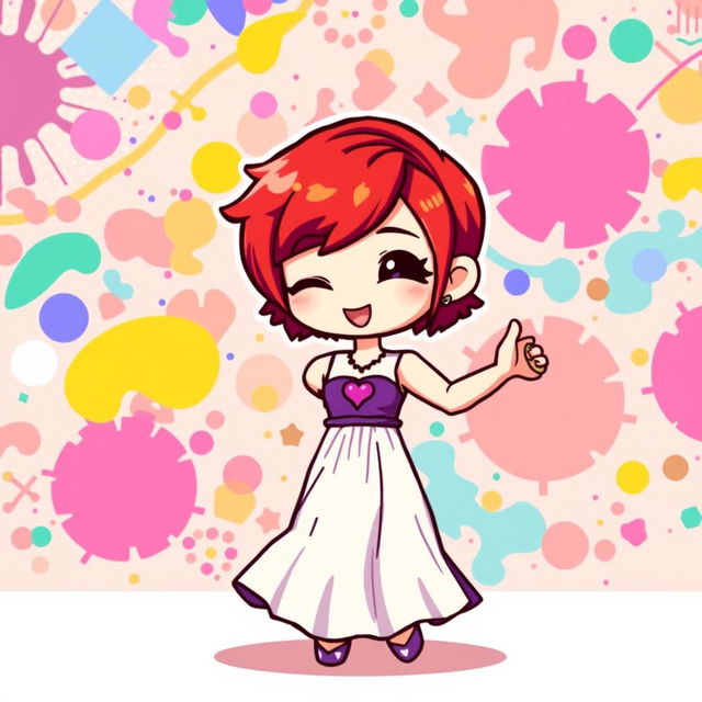 A chibi-style pixel art image of a Christian dancer with very short red hair styled like Leon Scott Kennedy, wearing a vibrant two-piece long dress in purple and white, with a delightful heart embroidery detail at the chest