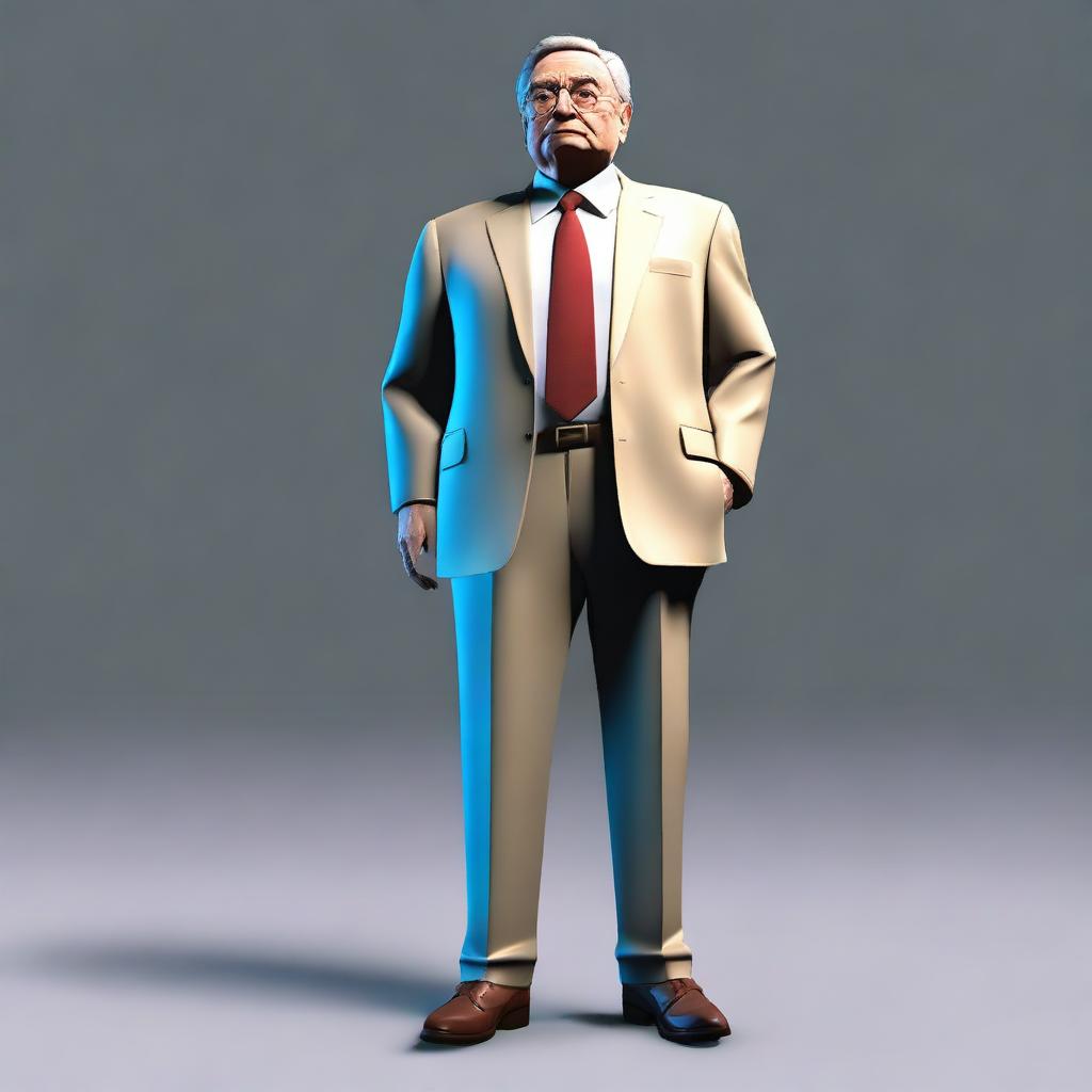 A game-style, full body character of George Soros, facing right