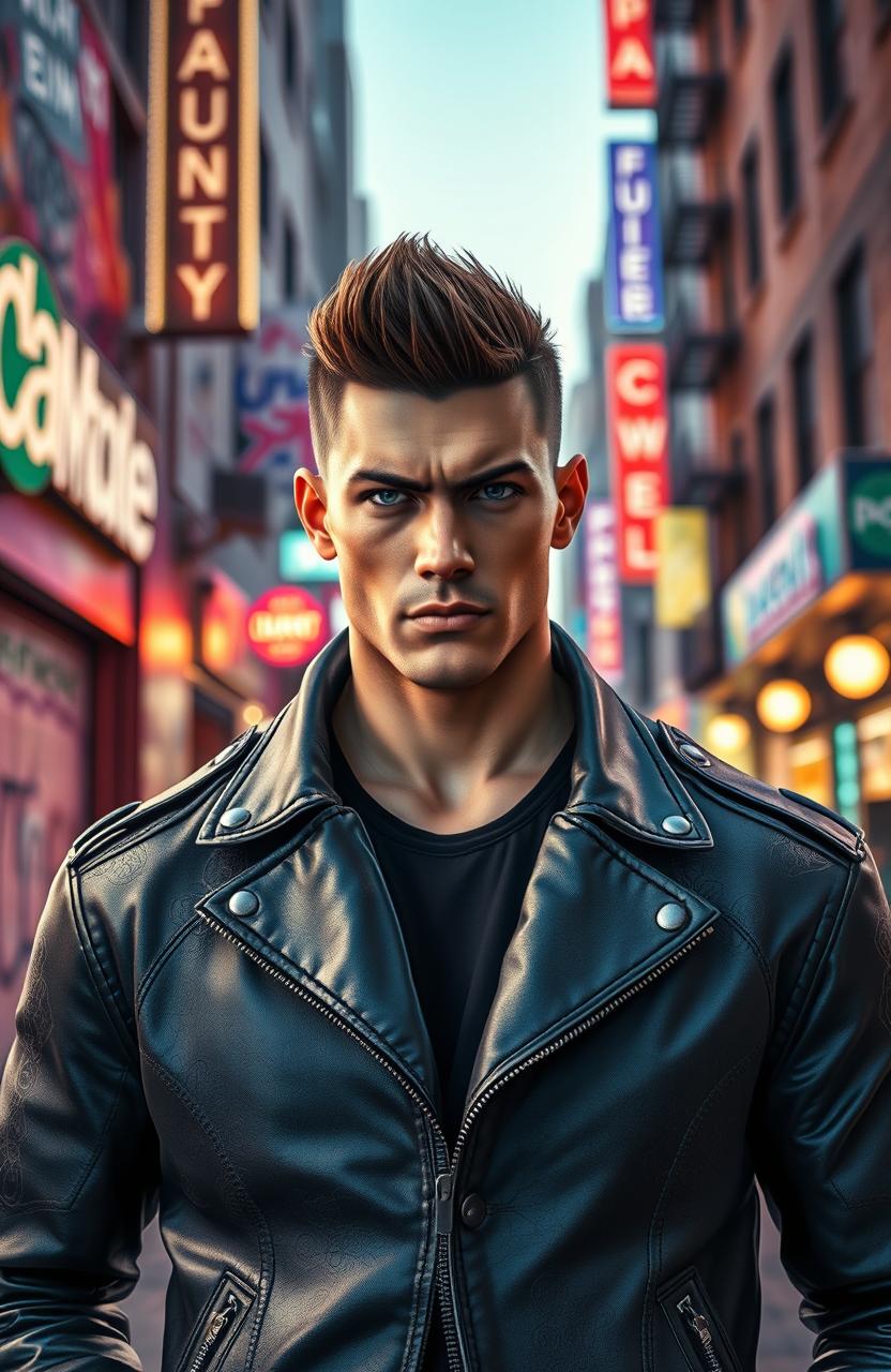 A striking portrait of a strong, confident character named Floyd, standing tall with a bold expression