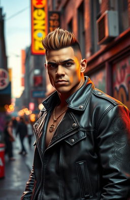 A striking portrait of a strong, confident character named Floyd, standing tall with a bold expression