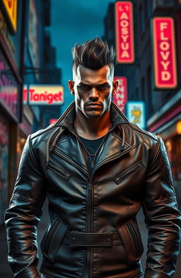 A striking portrait of a strong, confident character named Floyd, standing tall with a bold expression