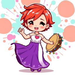 A chibi-style pixel art image of a Christian dancer with very short red hair styled like Leon Scott Kennedy, wearing a vibrant two-piece long dress in purple and white