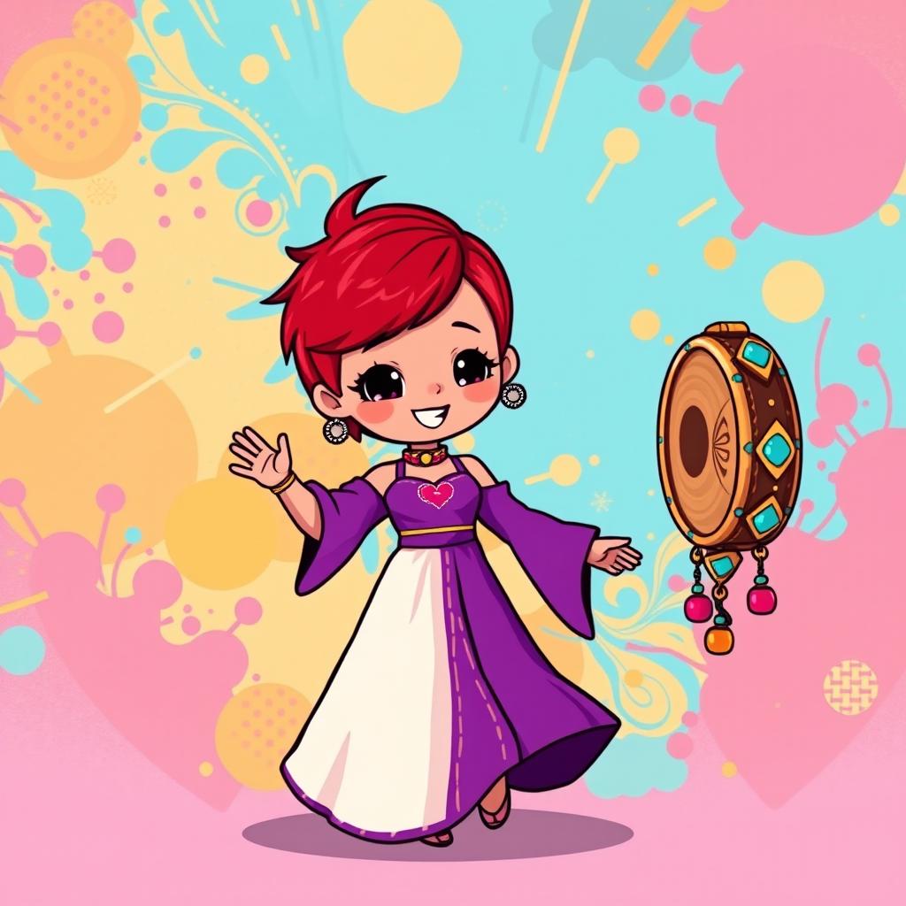 A chibi-style pixel art image of a Christian dancer with very short red hair styled like Leon Scott Kennedy, wearing a vibrant two-piece long dress in purple and white