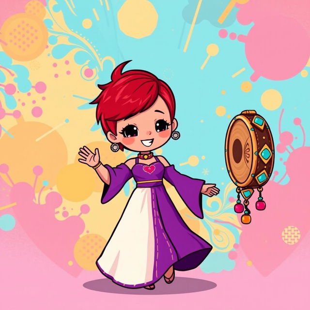 A chibi-style pixel art image of a Christian dancer with very short red hair styled like Leon Scott Kennedy, wearing a vibrant two-piece long dress in purple and white