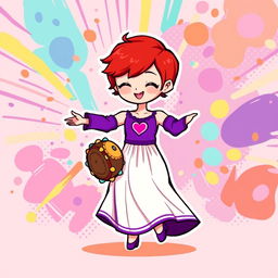 A chibi-style pixel art image of a Christian dancer with very short red hair styled like Leon Scott Kennedy, wearing a vibrant two-piece long dress in purple and white