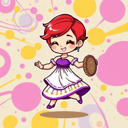 A chibi-style pixel art image of a Christian dancer with very short red hair styled like Leon Scott Kennedy, wearing a vibrant two-piece long dress in purple and white