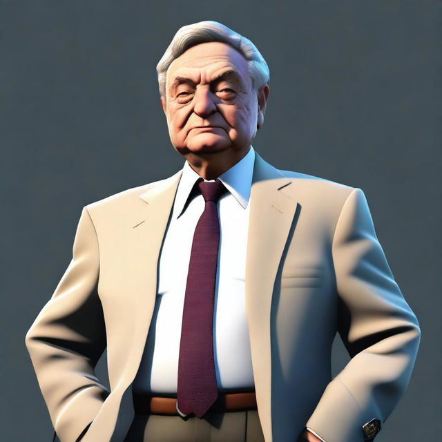 A game-style, full body character of George Soros, facing right