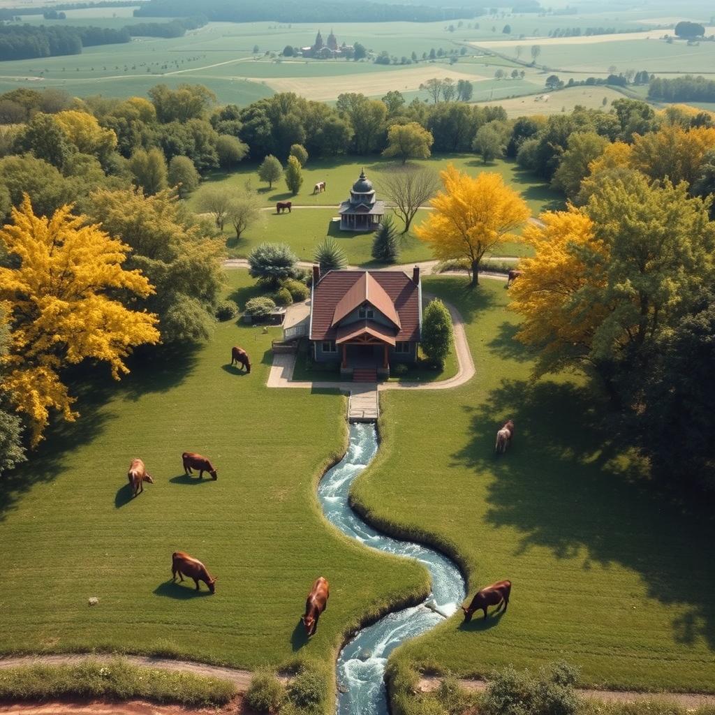 A large, square-shaped farm with a cozy house situated right in the center