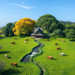 A large, square-shaped farm with a cozy house situated right in the center